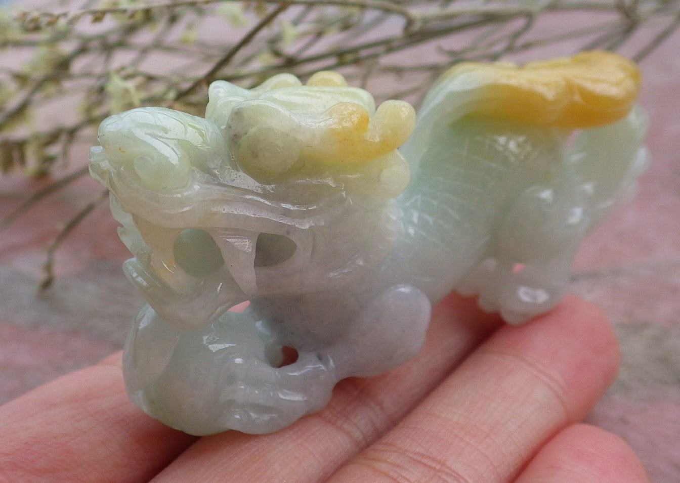 Certified Hand Carved Yellow Green 100% Natural Myanmar Burma A Jade Jadeite Display Dragon Ruyi with wood stand