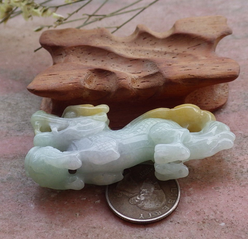 Certified Hand Carved Yellow Green 100% Natural Myanmar Burma A Jade Jadeite Display Dragon Ruyi with wood stand