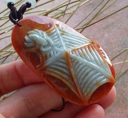 Certified Red Green Natural Myanmar Burma A Jade Jadeite Spider & Spider Web Pendant Necklace