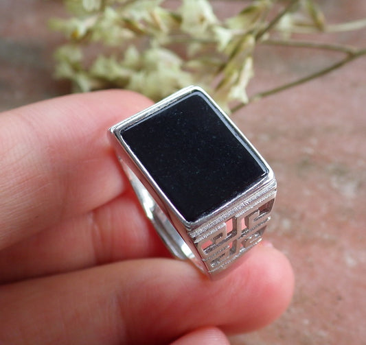 Sterling Silver 925 Dark Green Natural Myanmar Burma A Jade Jadeite Rectangle Ring ( Adjustable Ring )