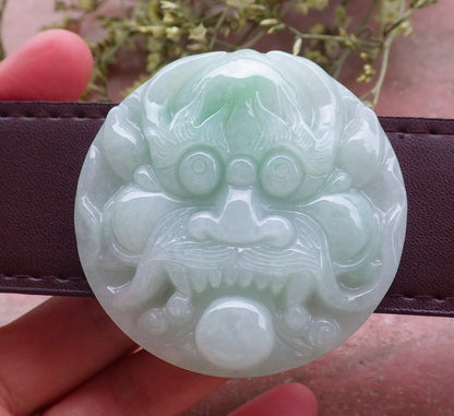 Certified Hand Carved Green Natural Myanmar Burma A Jade Jadeite Dragon Lucky Amulet Belt Buckle Circle