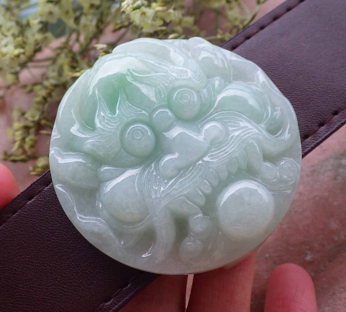 Certified Hand Carved Green Natural Myanmar Burma A Jade Jadeite Dragon Lucky Amulet Belt Buckle Circle