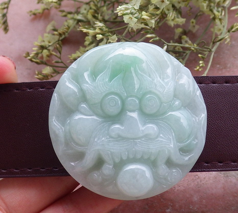 Certified Hand Carved Green Natural Myanmar Burma A Jade Jadeite Dragon Lucky Amulet Belt Buckle Circle