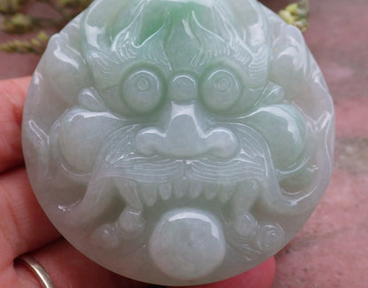 Certified Hand Carved Green Natural Myanmar Burma A Jade Jadeite Dragon Lucky Amulet Belt Buckle Circle