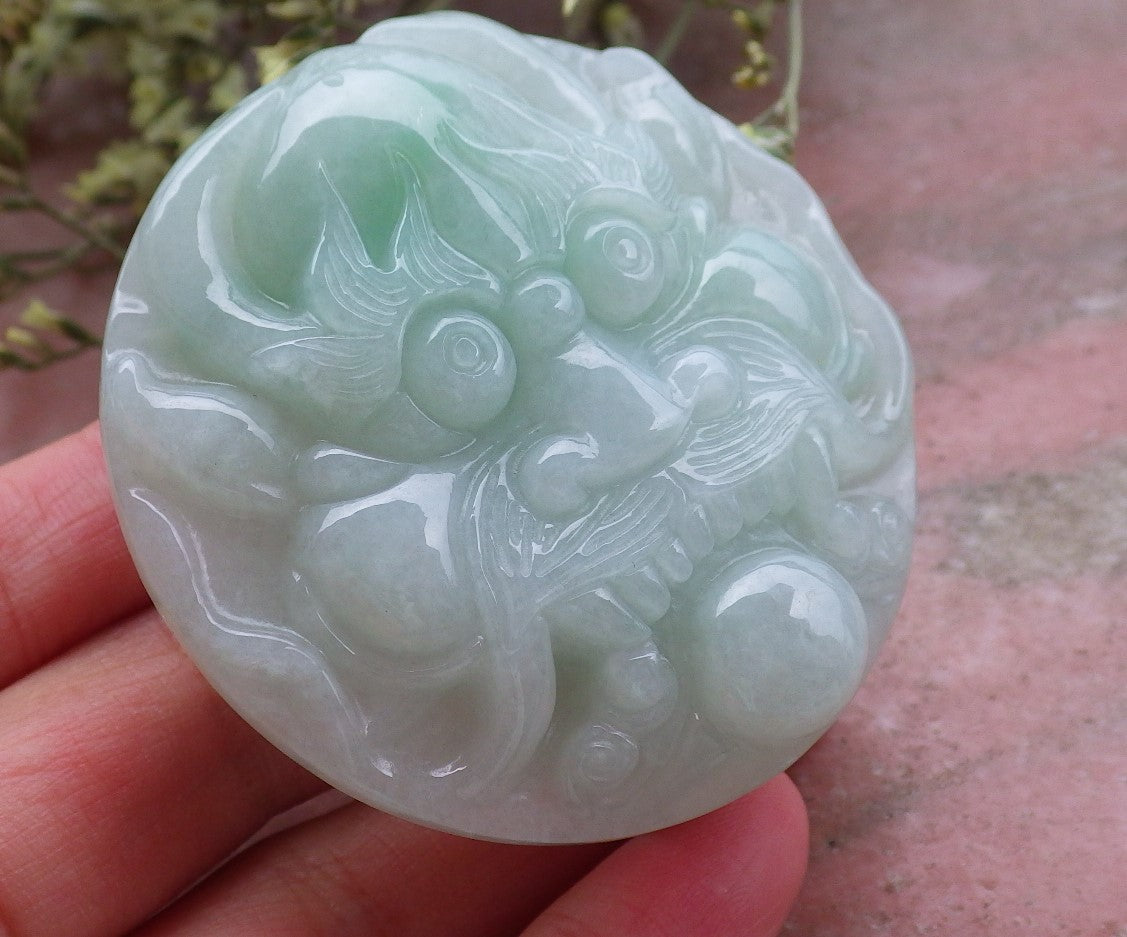 Certified Hand Carved Green Natural Myanmar Burma A Jade Jadeite Dragon Lucky Amulet Belt Buckle Circle