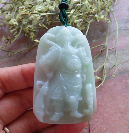 Certified Hand Carved Green 100% Natural Burma Grade A Jade Jadeite Fight God Guan Gong God Guangyu Broadword Pendant Necklace