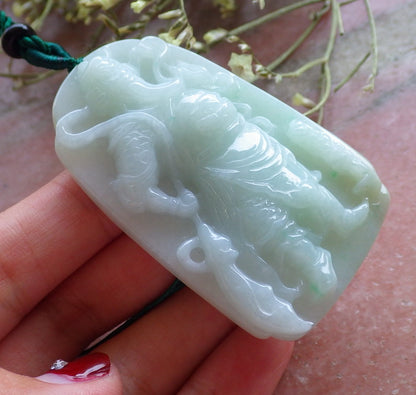 Certified Hand Carved Green 100% Natural Burma Grade A Jade Jadeite Fight God Guan Gong God Guangyu Broadword Pendant Necklace