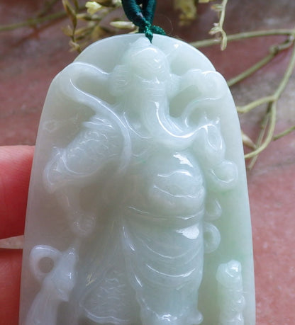 Certified Hand Carved Green 100% Natural Burma Grade A Jade Jadeite Fight God Guan Gong God Guangyu Broadword Pendant Necklace