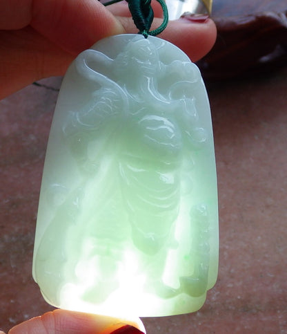 Certified Hand Carved Green 100% Natural Burma Grade A Jade Jadeite Fight God Guan Gong God Guangyu Broadword Pendant Necklace