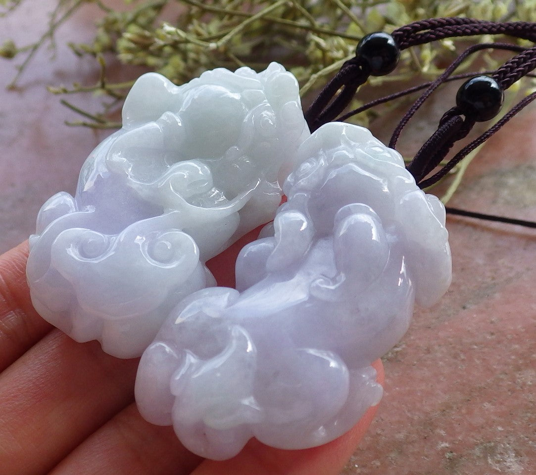 1 Pair Certified Hand Carved Lavender Green Natural Myanmar Burma Grade A Jade Jadeite Dragon Pi Xiu Pendant Necklace