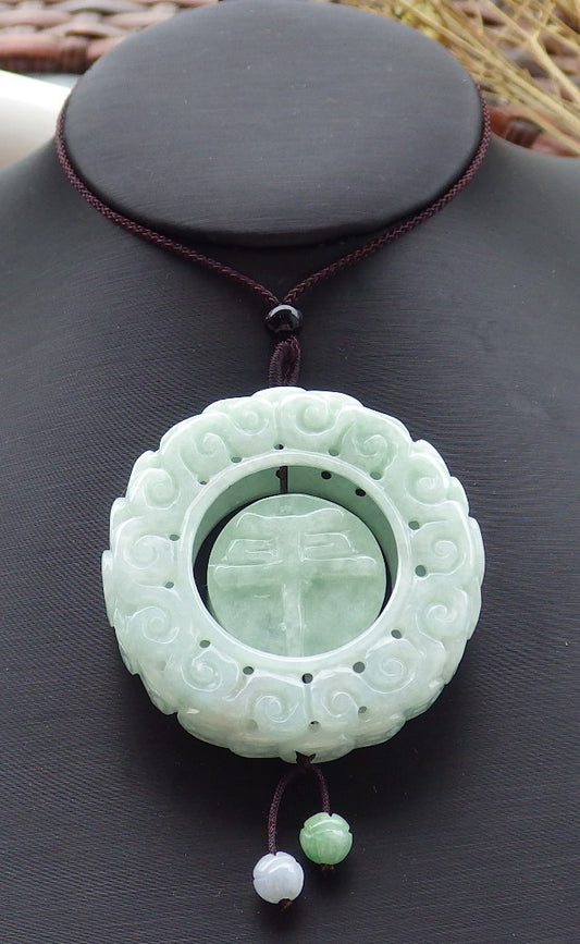 Certified Green 100% Natural Burma A Jade Jadeite Dragon Flower Pin an Circle Pendant Necklace