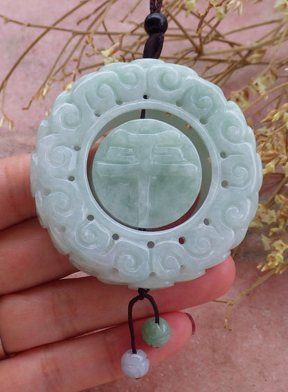 Certified Green 100% Natural Burma A Jade Jadeite Dragon Flower Pin an Circle Pendant Necklace