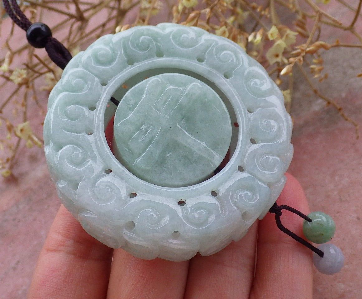 Certified Green 100% Natural Burma A Jade Jadeite Dragon Flower Pin an Circle Pendant Necklace