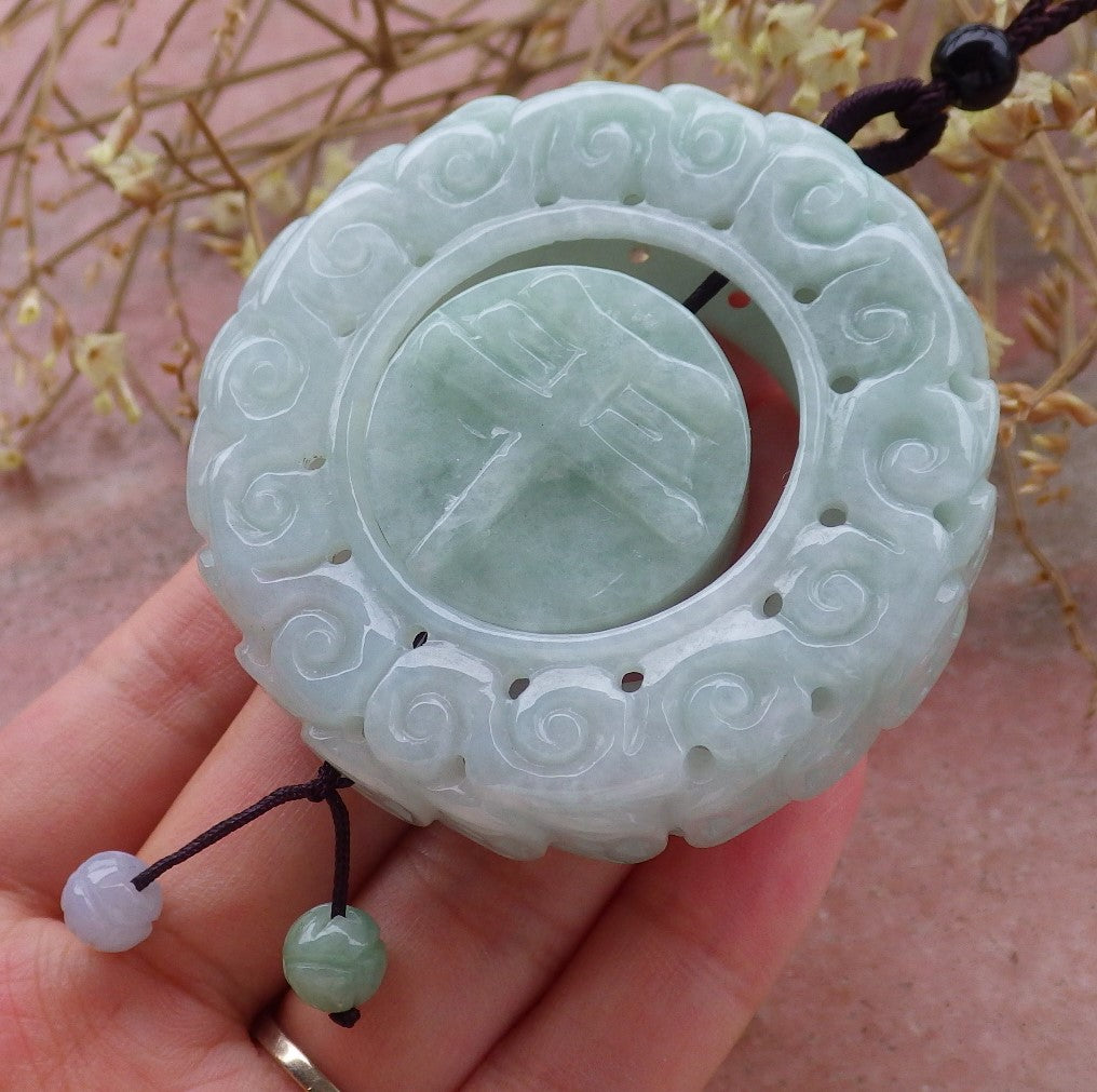 Certified Green 100% Natural Burma A Jade Jadeite Dragon Flower Pin an Circle Pendant Necklace