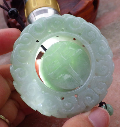 Certified Green 100% Natural Burma A Jade Jadeite Dragon Flower Pin an Circle Pendant Necklace