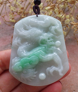 Certified Green 100% Natural Myanmar Burma A Jade Jadeite Dragon Lotus Flower Ruyi Pendant Necklace
