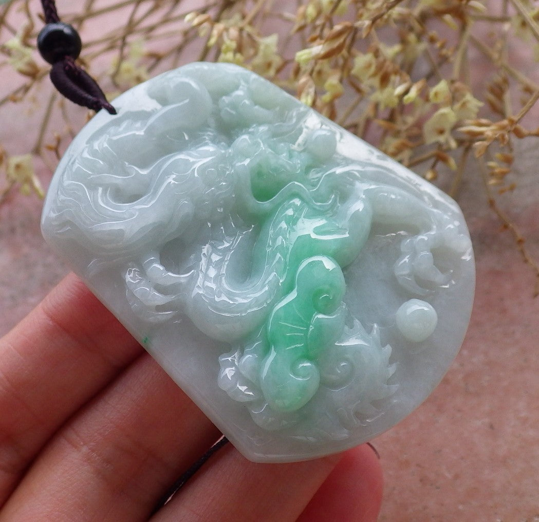 Certified Green 100% Natural Myanmar Burma A Jade Jadeite Dragon Lotus Flower Ruyi Pendant Necklace