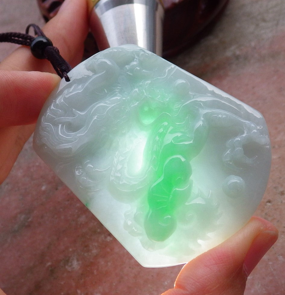 Certified Green 100% Natural Myanmar Burma A Jade Jadeite Dragon Lotus Flower Ruyi Pendant Necklace