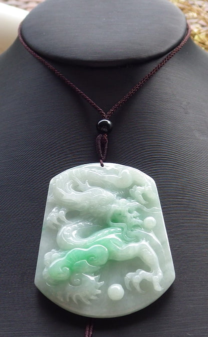 Certified Green 100% Natural Myanmar Burma A Jade Jadeite Dragon Lotus Flower Ruyi Pendant Necklace