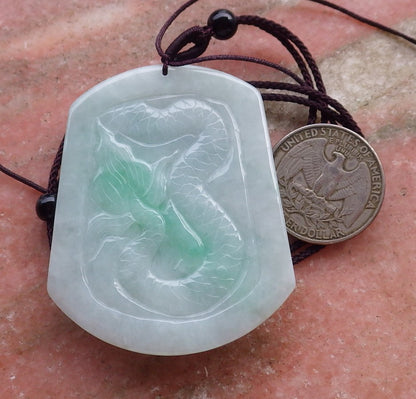 Certified Green 100% Natural Myanmar Burma A Jade Jadeite Dragon Lotus Flower Ruyi Pendant Necklace