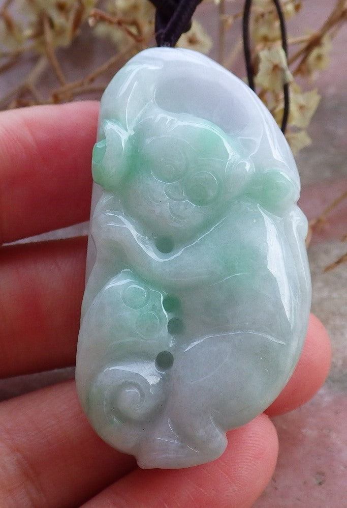 Certified Hand Carved Lavender Green 100% Myanmar Burma Natural A Jade Jadeite Monkey Lotus Flower Ruyi Pendant Necklace