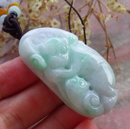 Certified Hand Carved Lavender Green 100% Myanmar Burma Natural A Jade Jadeite Monkey Lotus Flower Ruyi Pendant Necklace