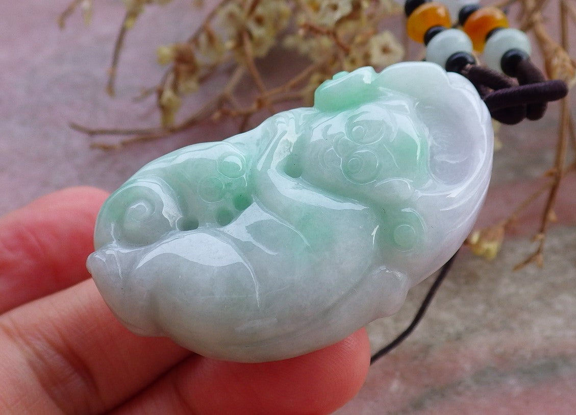 Certified Hand Carved Lavender Green 100% Myanmar Burma Natural A Jade Jadeite Monkey Lotus Flower Ruyi Pendant Necklace