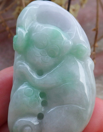 Certified Hand Carved Lavender Green 100% Myanmar Burma Natural A Jade Jadeite Monkey Lotus Flower Ruyi Pendant Necklace