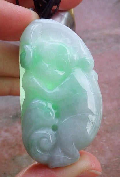 Certified Hand Carved Lavender Green 100% Myanmar Burma Natural A Jade Jadeite Monkey Lotus Flower Ruyi Pendant Necklace