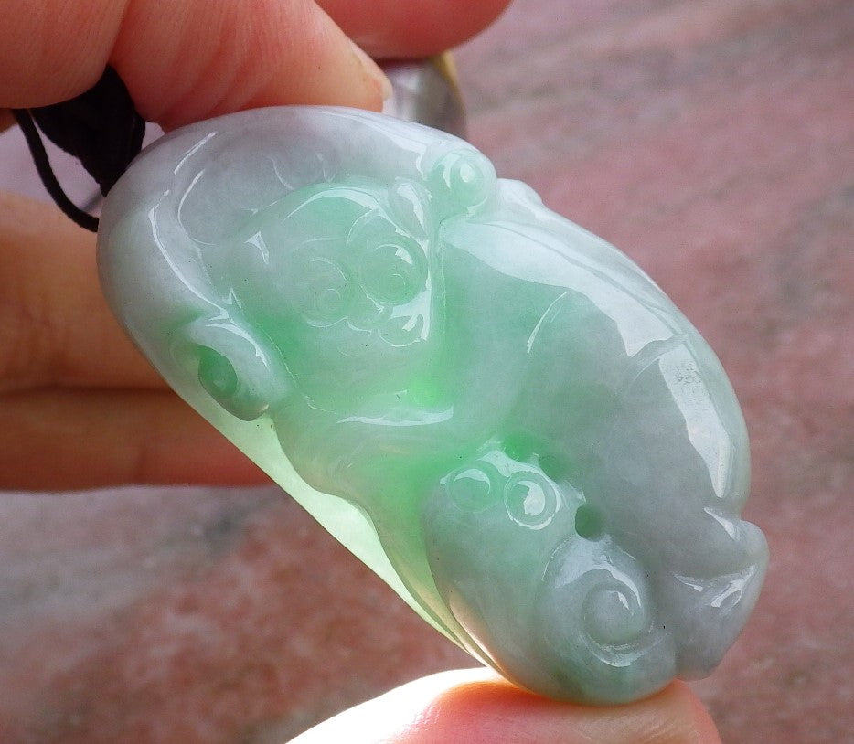 Certified Hand Carved Lavender Green 100% Myanmar Burma Natural A Jade Jadeite Monkey Lotus Flower Ruyi Pendant Necklace