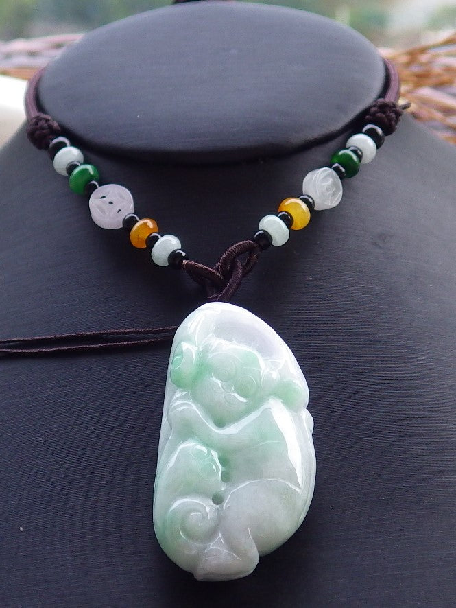 Certified Hand Carved Lavender Green 100% Myanmar Burma Natural A Jade Jadeite Monkey Lotus Flower Ruyi Pendant Necklace