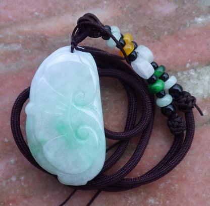 Certified Hand Carved Lavender Green 100% Myanmar Burma Natural A Jade Jadeite Monkey Lotus Flower Ruyi Pendant Necklace