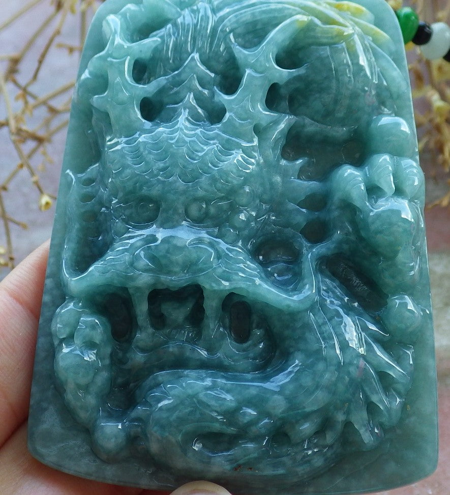 Certified Hand Carved Green Myanmar Natural Burma A Jade jadeite Dragon Bead Pendant Necklace