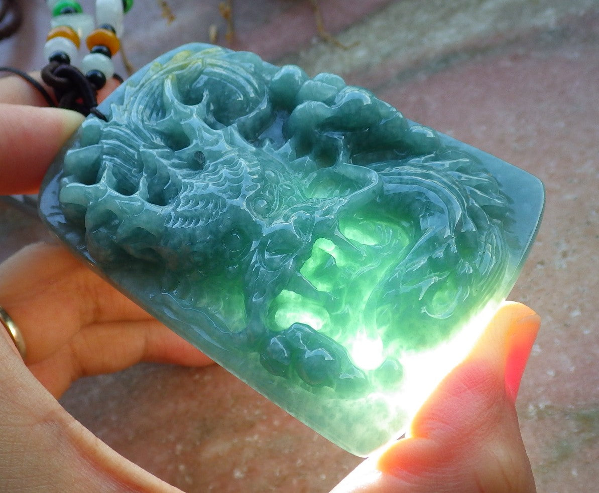 Certified Hand Carved Green Myanmar Natural Burma A Jade jadeite Dragon Bead Pendant Necklace