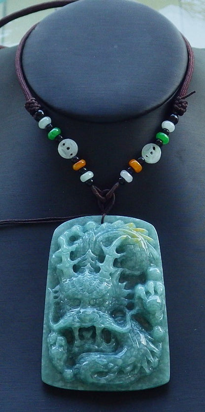 Certified Hand Carved Green Myanmar Natural Burma A Jade jadeite Dragon Bead Pendant Necklace