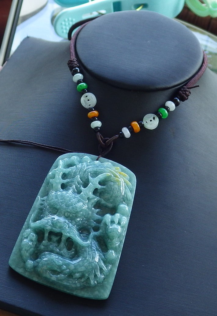 Certified Hand Carved Green Myanmar Natural Burma A Jade jadeite Dragon Bead Pendant Necklace