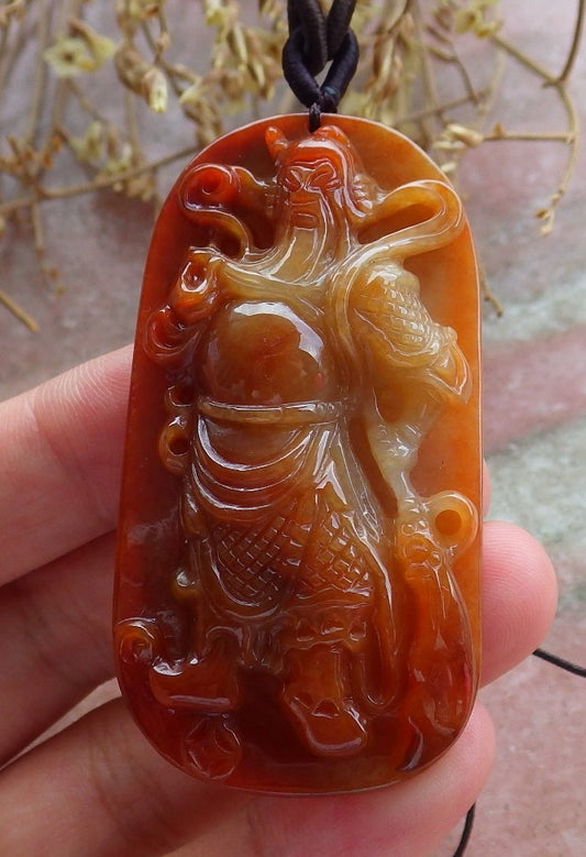 Certified Brown Red 100% Natural Myanmar Burma A Hand Carved Jade Jadeite Fight God Guan Gong God / Guangyu Broadword Pendant Necklace