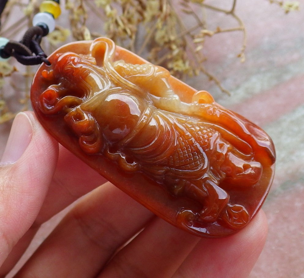 Certified Brown Red 100% Natural Myanmar Burma A Hand Carved Jade Jadeite Fight God Guan Gong God / Guangyu Broadword Pendant Necklace