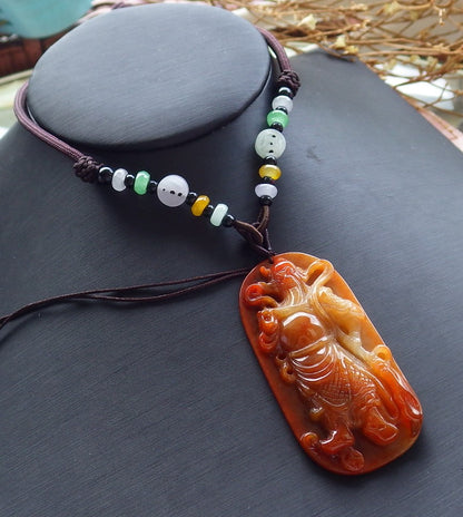 Certified Brown Red 100% Natural Myanmar Burma A Hand Carved Jade Jadeite Fight God Guan Gong God / Guangyu Broadword Pendant Necklace