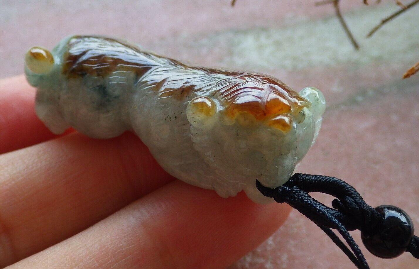 Certified Hand Carved Brown Red Green Natural 100% Myanmar Burma A Jade jadeite Animal Tiger Pendant Necklace