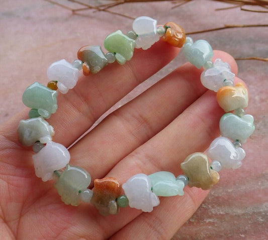 Certified Hand Carved 3 Color Natural Myanmar Burma A Jade Jadeite Zodiac Pig Bead Bracelet